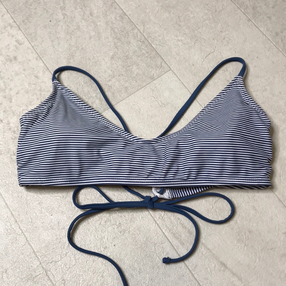 Xhilaration Bikini Top Sz L Blue White Stripe String Cross Back Adjustable